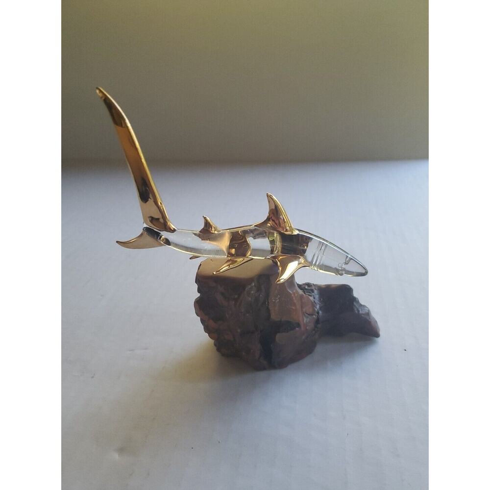 Glass Baron Mako Shark Sculpture With 22k Gold Accents on Burled Wood Base